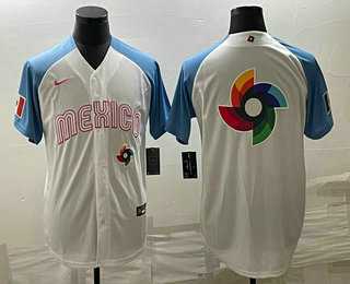 Men%27s Mexico Baseball Big Logo 2023 White Blue World Classic Stitched Jersey